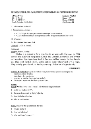 Première page de Anglais 6e — 2e évaluation sommative, 1er semestre (2019-2020) · CEG Zinvié