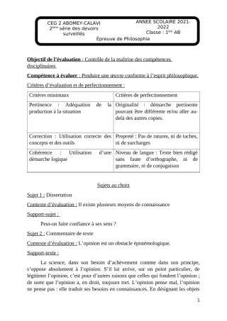 Première page de Philosophie 1ère A & B — 2e devoir surveillé, 2e semestre (2021-2022) · CEG2 ABOMEY - CALAVI (CEG ZOCA)