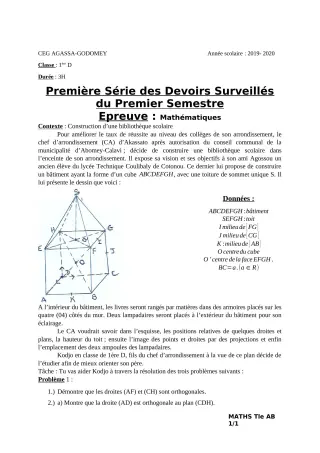 Première page de Mathématiques 1ère D — 1er devoir surveillé, 1er semestre (2019-2020) · CEG Agassa Godomey