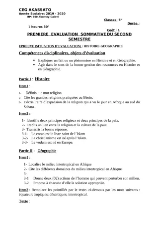 Première page de Histoire-Géographie 6e — 1re évaluation sommative, 2e semestre (2019-2020) · CEG Akassato