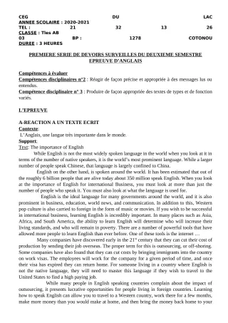 Première page de Anglais Tle A2, Tle B — 1er devoir surveillé, 2e semestre (2020-2021) · CEG du Lac