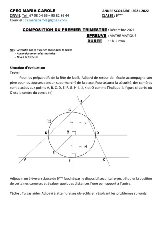 Première page de Mathématiques 6e — Composition, 1er trimestre (2021-2022) · CPEG MARIA-CAROLE