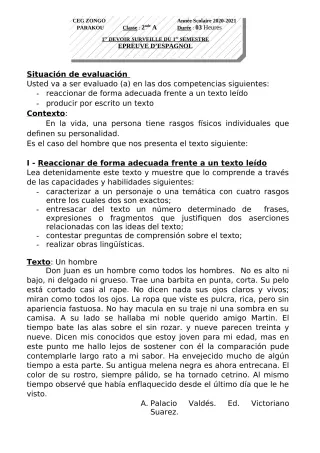 Première page de Espagnol 2nde A — 1er devoir surveillé, 1er semestre (2020-2021) · CEG ZONGO