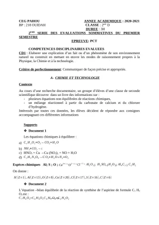 Première page de PCT 2nde D — 2e évaluation sommative, 1er semestre (2020-2021) · CEG PAHOU