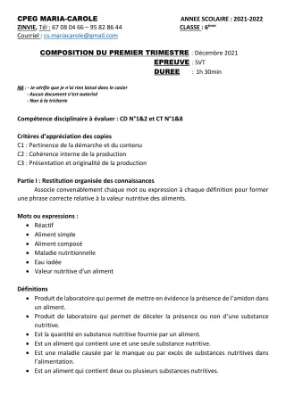 Première page de SVT 6e — Composition, 1er trimestre (2021-2022) · CPEG MARIA-CAROLE