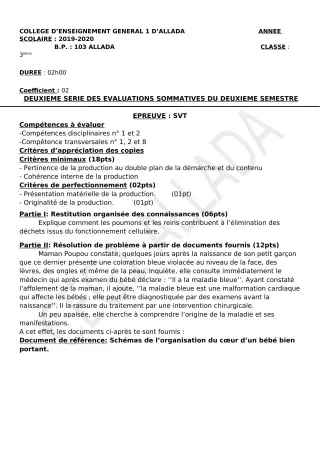 Première page de SVT 4e ML&MC, 3e, 3e ML — 2e évaluation sommative, 2e semestre (2019-2020) · CEG1 Allada