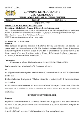 Première page de PCT 4e — 1er devoir surveillé, 1er semestre (2019-2020) · CEG AYAHOHOUE