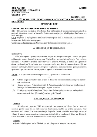 Première page de PCT 6e — 2e évaluation sommative, 1er semestre (2020-2021) · CEG PAHOU