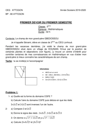 Première page de Mathématiques 3e, 3e ML — 1er devoir surveillé, 1er semestre (2019-2020) · CEG Attogon