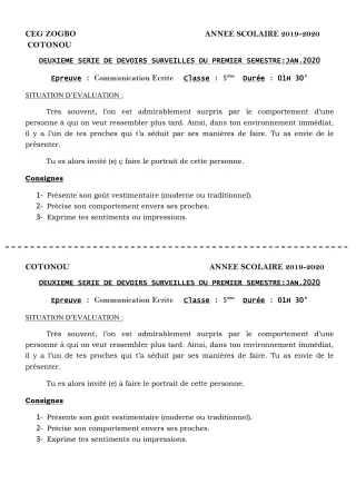 Première page de Français 5e — 2e devoir surveillé, 1er semestre (2019-2020) · CEG ZOGBO