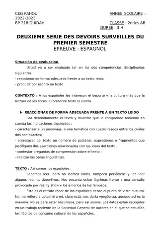 Première page de Espagnol 2nde A2, 2nde B — 2e devoir surveillé, 1er semestre (2022-2023) · CEG PAHOU