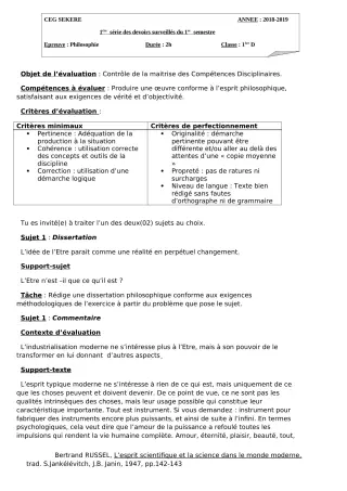 Première page de Philosophie 1ère D — 1er devoir surveillé, 1er semestre (2018-2019) · CEG SEKERE
