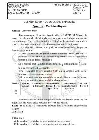 Première page de Mathématiques 4e — Devoir surveillé, 2e trimestre (2019-2020) · CPEG GOD'S TIME