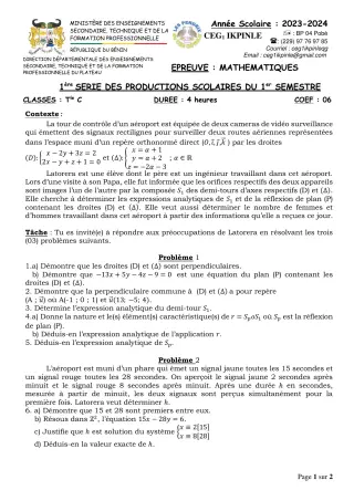 Première page de Mathématiques Tle C — 1re production scolaire, 1er semestre (2023-2024) · CEG1 Ikpinlè