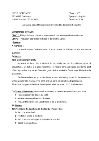 Première page de Anglais 6e — 2e devoir surveillé, 2e semestre (2019-2020) · CEG2 Godomey