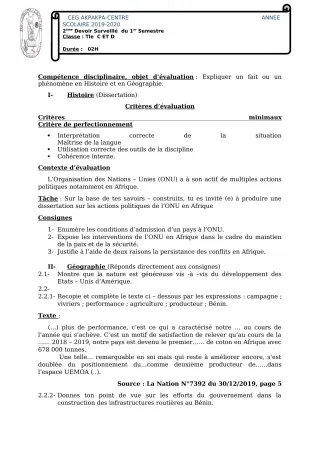 Première page de Histoire-Géographie Tle C, Tle D — 2e devoir surveillé, 1er semestre (2019-2020) · CEG 1 Akpakpa-Centre