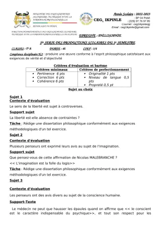 Première page de Philosophie 2nde A1, 1ère A, Tle A2 — 1re production scolaire, 1er semestre (2022-2023) · CEG1 Ikpinlè