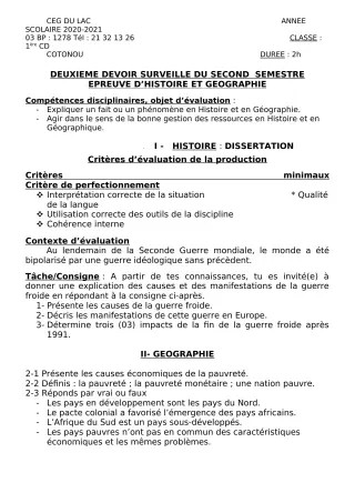 Première page de Histoire-Géographie 1ère C, 1ère D — 2e devoir surveillé, 2e semestre (2020-2021) · CEG du Lac
