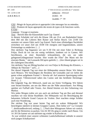 Première page de Allemand 1ère A & B — 1er devoir surveillé, 1er semestre (2018-2019) · Lycée Houegbadja d'Abomey (Ex Mafory Bangoura)