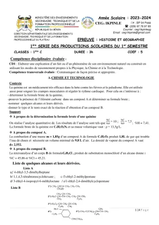 Première page de PCT 1ère C — 1re production scolaire, 1er semestre (2023-2024) · CEG1 Ikpinlè