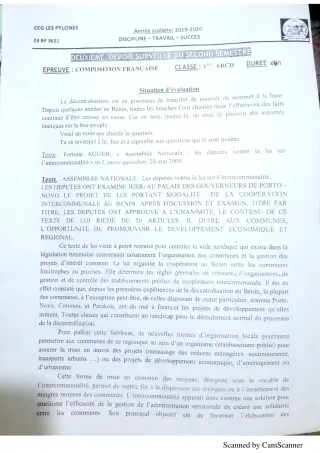 Première page de Français 1ère A1, 1ère A2, 1ère B, 1ère C, 1ère D, Tle A1, Tle A2, Tle B, Tle C, Tle D — Composition (2019-2020) · CEG Les Pylônes