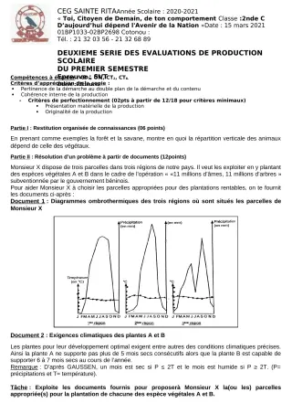 Première page de SVT 2nde C — Production scolaire, 1er semestre (2020-2021) · CEG Sainte Rita