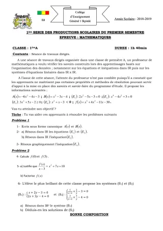 Première page de Mathématiques 1ère A — 1re production scolaire, 1er semestre (2018-2019) · CEG1 Ikpinlè