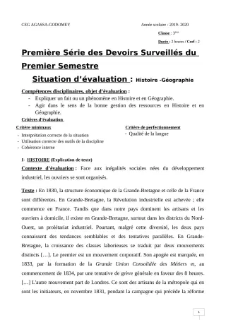 Première page de Histoire-Géographie 3e, 3e ML — 1er devoir surveillé, 1er semestre (2019-2020) · CEG Agassa Godomey