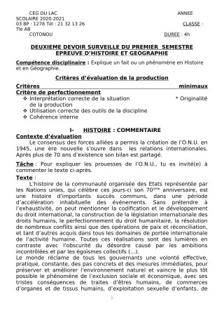 Première page de Histoire-Géographie Tle A2, Tle B — 2e devoir surveillé, 1er semestre (2020-2021) · CEG du Lac