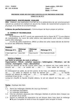 Première page de PCT 5e — 1er devoir surveillé, 1er semestre (2020-2021) · CEG PAHOU