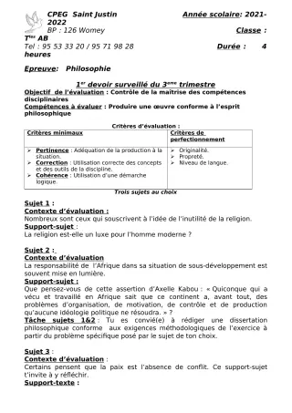 Première page de Philosophie 2nde A2, 2nde B, 2nde C, 2nde D, 1ère A2, 1ère B, 1ère C, 1ère D — 1er devoir surveillé, 3e trimestre (2021-2022) · CPEG SAINT Justin
