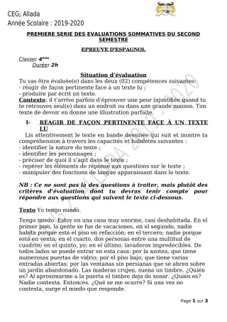 Première page de Espagnol 4e ML — 1re évaluation sommative, 2e semestre (2019-2020) · CEG 2 Allada