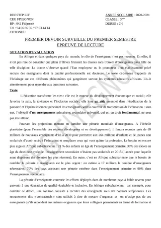 Première page de Français 3e, 3e ML — 1er devoir surveillé, 1er semestre (2020-2021) · CEG FIYEGNON