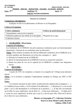 Première page de Histoire-Géographie 3e, 3e ML — 1re production scolaire, 2e semestre (2020-2021) · CEG ONIGBOLO