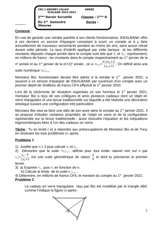 Première page de Mathématiques 1ère D — Devoir surveillé, 2e semestre (2022-2023) · CEG2 ABOMEY - CALAVI (CEG ZOCA)