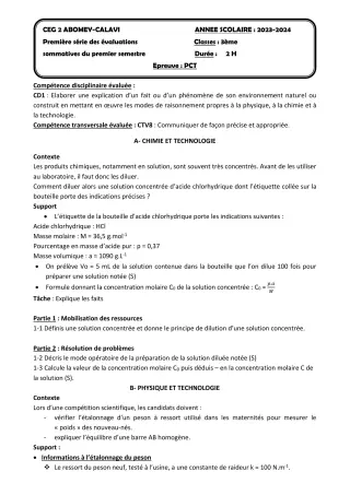Première page de PCT 3e — 1re évaluation sommative, 1er semestre (2023-2024) · CEG2 ABOMEY - CALAVI (CEG ZOCA)