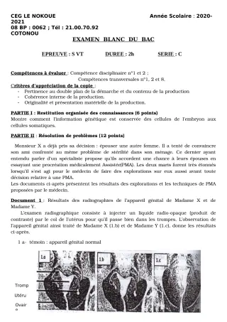 Première page de Examen Blanc de SVT — Tle C — CEG LE NOKOUE (2020)