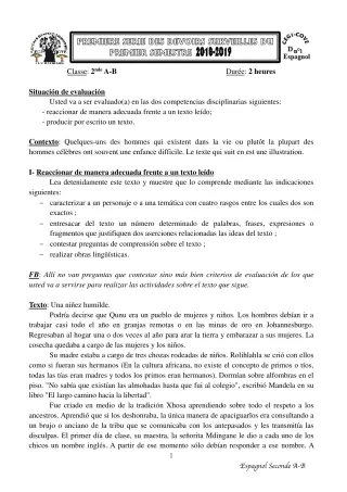 Première page de Espagnol 2nde A & B — 1er devoir surveillé, 1er semestre (2018-2019) · CEG1 Covè