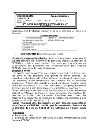 Première page de Histoire-Géographie 1ère A1, 1ère A2, 1ère B — 1er devoir surveillé, 2e semestre (2018-2019) · CEG OKEDAMA