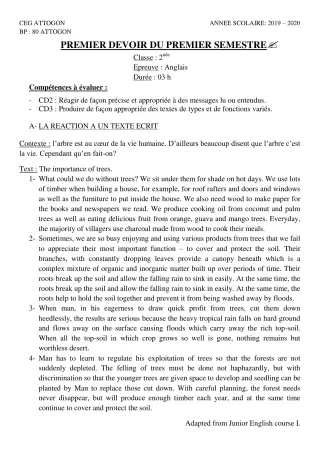 Première page de Anglais 2nde A & B, 2nde A1, 2nde A2, 2nde B, 2nde D — 1er devoir surveillé, 1er semestre (2019-2020) · CEG Attogon