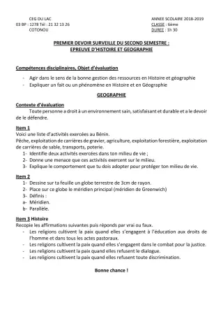 Première page de Histoire-Géographie 6e — 1er devoir surveillé, 2e semestre (2018-2019) · CEG du Lac
