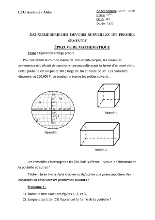 Première page de Mathématiques 6e — 2e devoir surveillé, 1er semestre (2019-2020) · CEG AZOHOUE-ALIHO