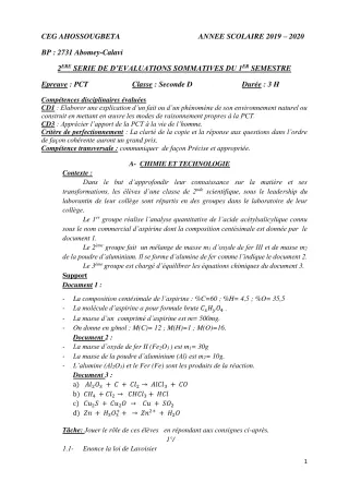 Première page de PCT 2nde C — Évaluation sommative, 1er semestre (2019-2020) · CEG Ahossougbéta