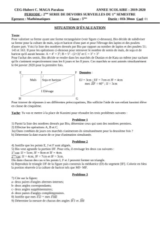 Première page de Mathématiques 5e — 2e devoir surveillé, 1er semestre (2019-2020) · CEG Hubert C. MAGA