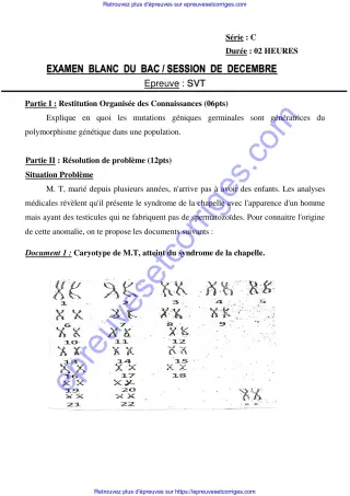 Première page de Bac 2026 – SVT Série C, Bac blanc décembre 2025 (mutations géniques, syndrome de la chapelle, reproduction sexuée)