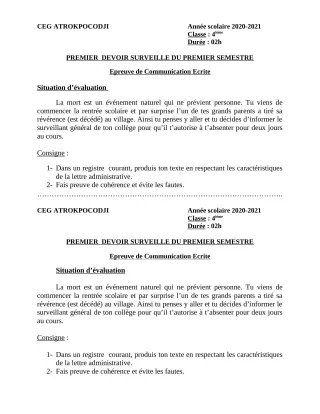 Première page de Français 4e ML — 1er devoir surveillé, 1er semestre (2020-2021) · CEG ATROKPOCODJI