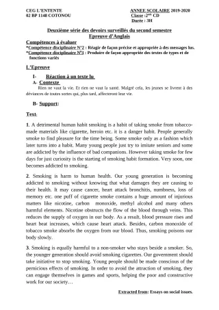 Première page de Anglais 2nde C, 2nde D — 2e devoir surveillé, 2e semestre (2019-2020) · CEG L'Entente
