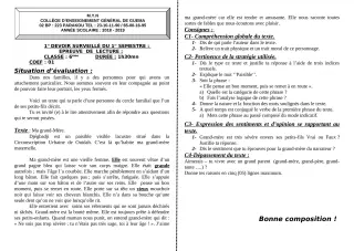 Première page de Français 6e — 1er devoir surveillé, 1er semestre (2018-2019) · ceg guema