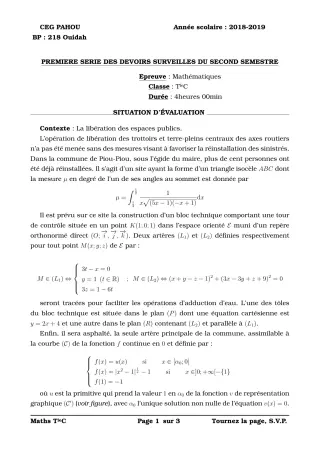 Première page de Mathématiques Tle C — 1er devoir surveillé, 2e semestre (2018-2019) · CEG PAHOU