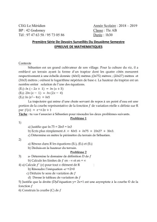 Première page de Mathématiques Tle A1, Tle A2, Tle B — 1er devoir surveillé, 2e semestre (2018-2019) · CEG Le Méridien